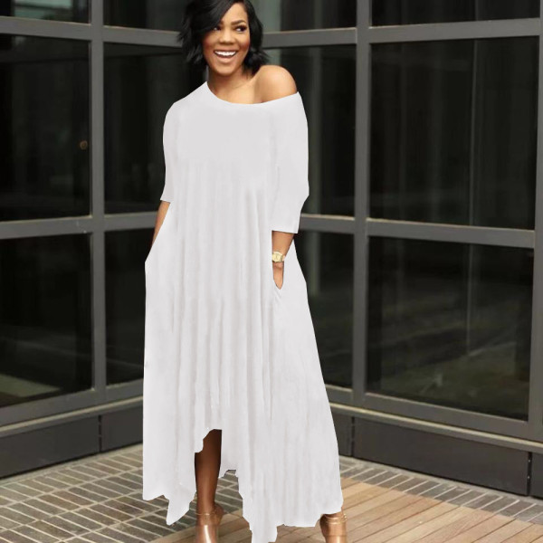 Solid color irregular off-the-shoulder dress YX9283