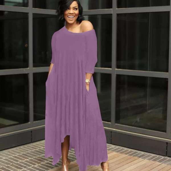 Solid color irregular off-the-shoulder dress YX9283