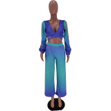 Gradient Printed Lace-up Wrapped Wide Leg Pants Bat Sleeve Two-piece Suit Y1325