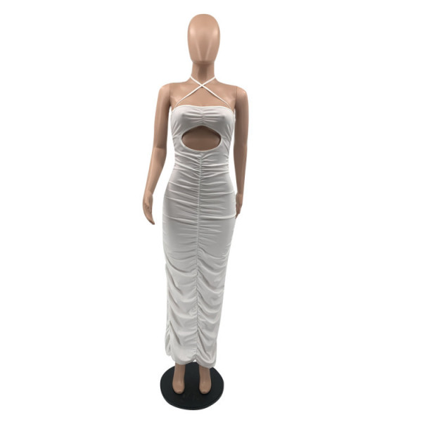 Pure color sling pleated hole dress long skirt QS5082