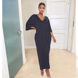 Sexy fashion solid color deep V loose dress casual dress YX9289