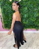 New style halter neck tie deep V split pit strip jumpsuit Y81333