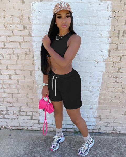 Fashion solid color pocket shorts, sports and leisure vest, sweater suit HT6069