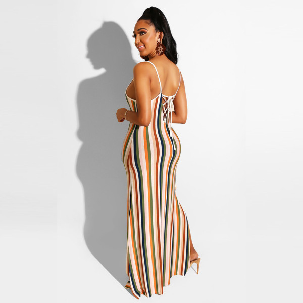 Sexy colorful striped dress, backless strappy nightclub dress F95