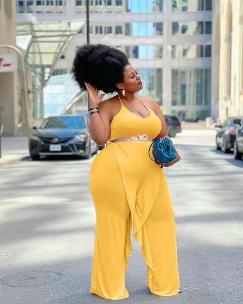 Solid color ruffled tie halterneck jumpsuit YX9288