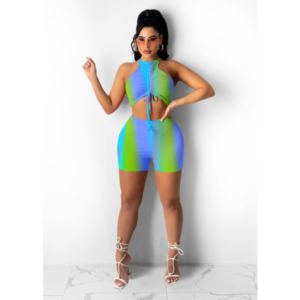Pleated vest and shorts two-piece multicolor printed elastic pit strip two-piece suit PH1218