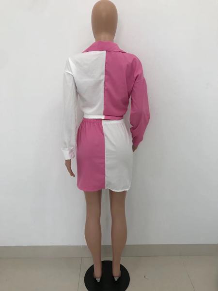 Casual pocket contrast shirt button skirt two-piece suit HT6062