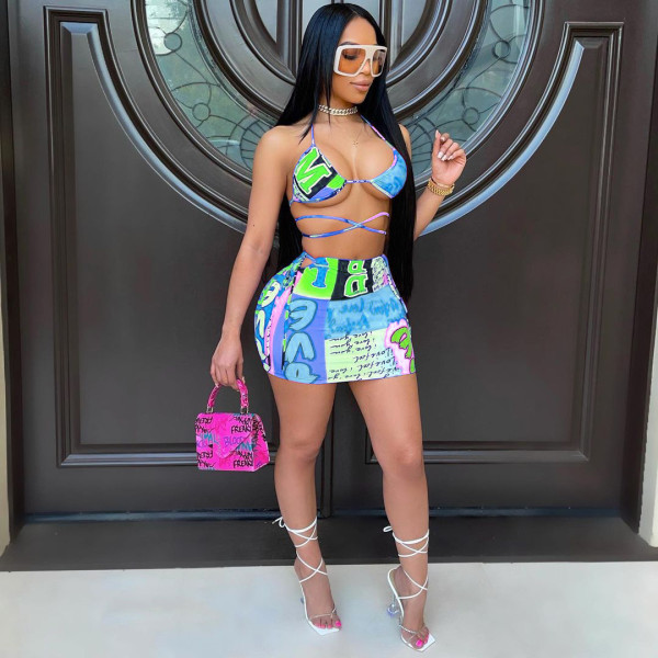 Printed strappy sexy split swimsuit bikini skirt suit AC8260