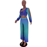 Gradient Printed Lace-up Wrapped Wide Leg Pants Bat Sleeve Two-piece Suit Y1325