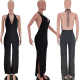 New style halter neck tie deep V split pit strip jumpsuit Y81333