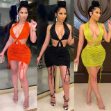 Drawstring on both sides of the tube top bag hip folds halter sexy dress SZ8131