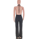 New style halter neck tie deep V split pit strip jumpsuit Y81333