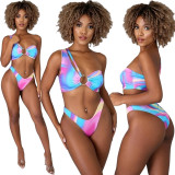 Oversized tie-dye one-shoulder split sexy bikini top Y1321