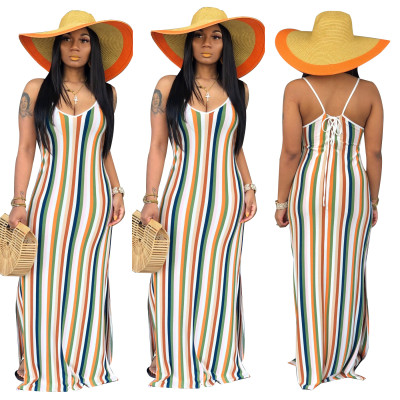 Sexy colorful striped dress, backless strappy nightclub dress F95