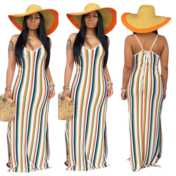 Sexy colorful striped dress, backless strappy nightclub dress F95