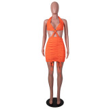 Drawstring on both sides of the tube top bag hip folds halter sexy dress SZ8131