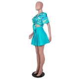 Digital skull print loose button shirt pleated fashion sexy two-piece skirt SZ8120