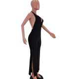 New style halter neck tie deep V split pit strip jumpsuit Y81333