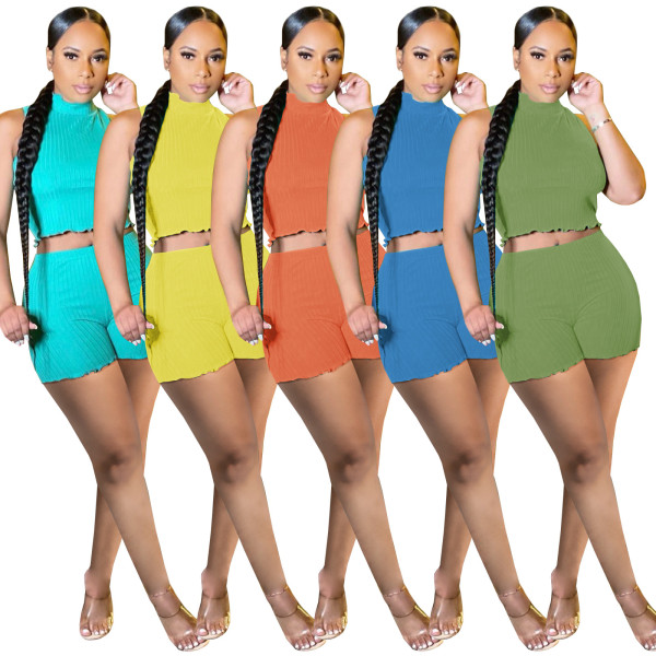 Thread pit strip high neck small lotus leaf dense edge fashion slim sexy 2 piece set SZ8116