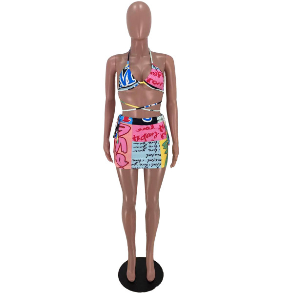 Printed strappy sexy split swimsuit bikini skirt suit AC8260