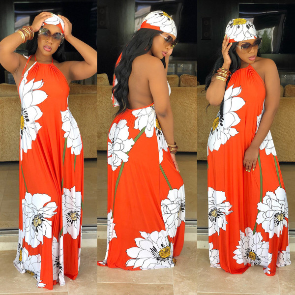 Lotus print strapless dress with turban M901