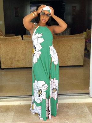Lotus print strapless dress with turban M901