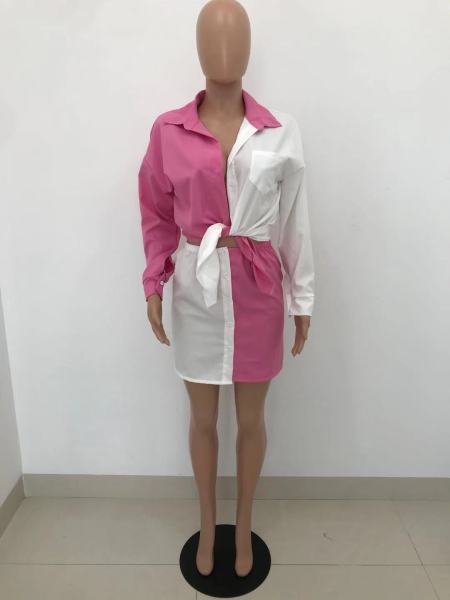 Casual pocket contrast shirt button skirt two-piece suit HT6062