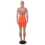 Drawstring on both sides of the tube top bag hip folds halter sexy dress SZ8131