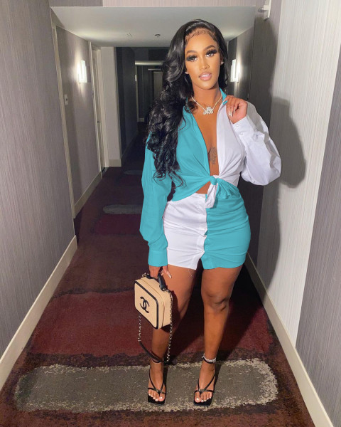 Casual pocket contrast shirt button skirt two-piece suit HT6062