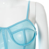New solid color mesh stitching sling sleeveless backless T-shirt top K21TP292