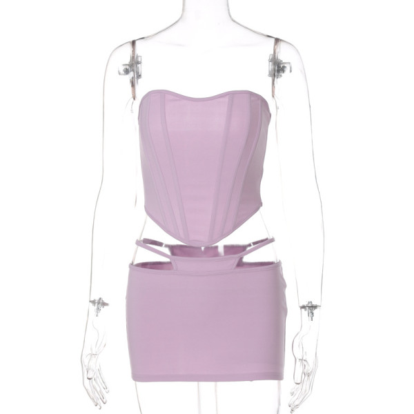 New solid color chest-wrapped sexy halter top tight-fitting buttocks short skirt two-piece suit S165371
