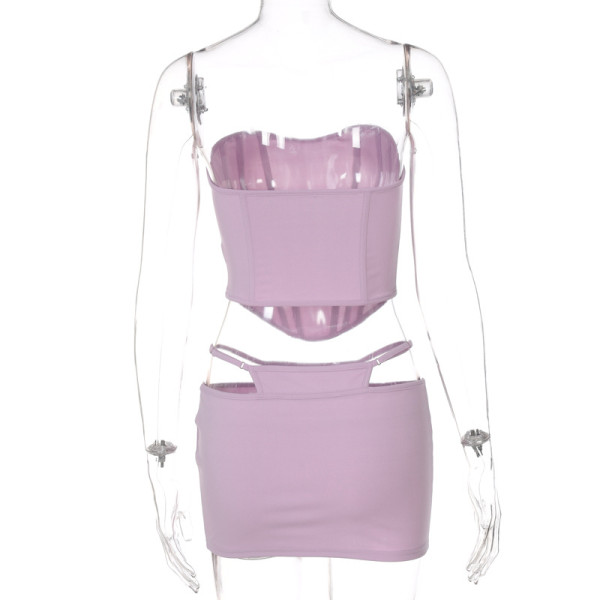 New solid color chest-wrapped sexy halter top tight-fitting buttocks short skirt two-piece suit S165371