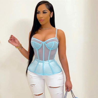 New solid color mesh stitching sling sleeveless backless T-shirt top K21TP292