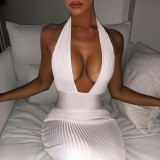 Halter Deep V-neck Open Back Fashion Skinny Hollow Dress FD8133