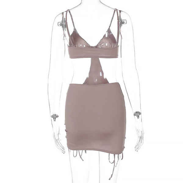 Sling solid color hollow pleated dress  D155344G