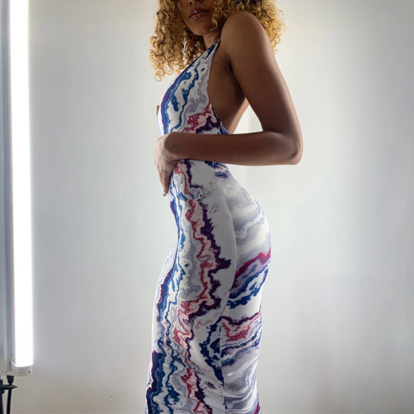 Fashionable sexy V-neck dress with slim halter neck D155229A
