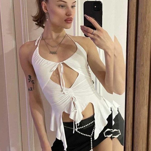 New summer fashion solid color U-neck halter lace-up hollow top T165467A