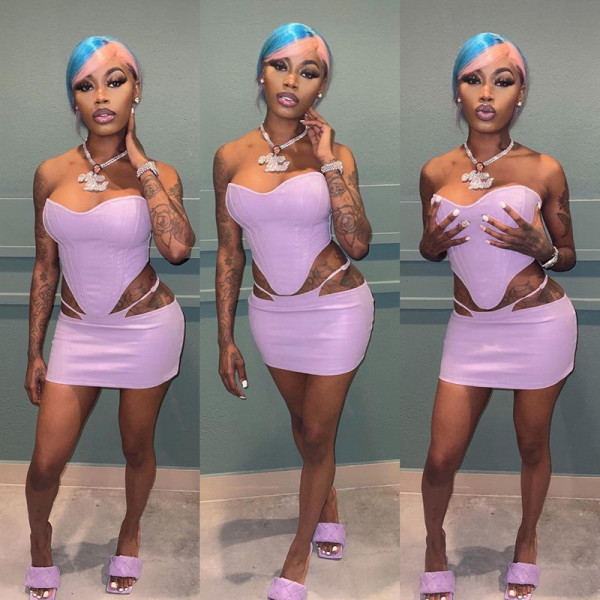 New solid color chest-wrapped sexy halter top tight-fitting buttocks short skirt two-piece suit S165371