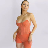 Summer women's new sexy low-cut one-word shoulder-wrapped chest vest and hip shorts casual suit K21S04399