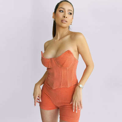 Summer women's new sexy low-cut one-word shoulder-wrapped chest vest and hip shorts casual suit K21S04399