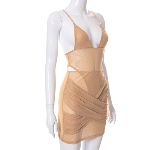Summer new solid color mesh stitching sling V-neck halter perspective suit K21ST403