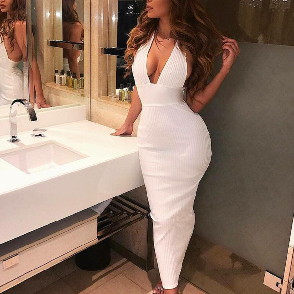 Halter Deep V-neck Open Back Fashion Skinny Hollow Dress FD8133