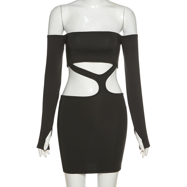 Summer Women's New Style Shoulder Halter Irregular Hollow Long Sleeve Short Dress K20D09064