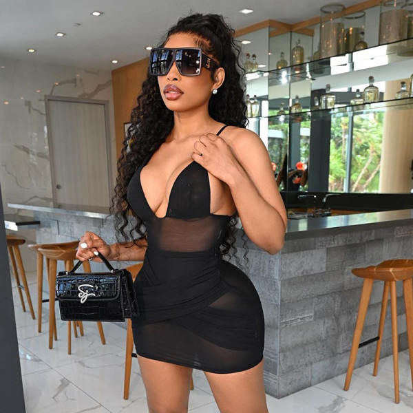 Summer new solid color mesh stitching sling V-neck halter perspective suit K21ST403