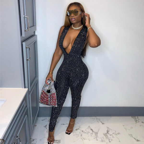 Nightclub Europe and the United States sexy v-neck sequined slim fit pants P072695W