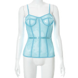 New solid color mesh stitching sling sleeveless backless T-shirt top K21TP292