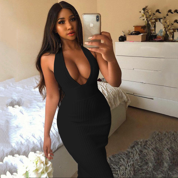 Halter Deep V-neck Open Back Fashion Skinny Hollow Dress FD8133