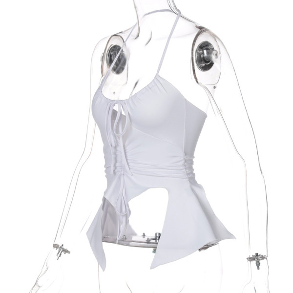 New summer fashion solid color U-neck halter lace-up hollow top T165467A