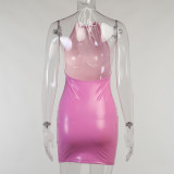 Nightclub style mini skirt, new tight sexy bag hip halter neck open back bright leather dress YJ21019