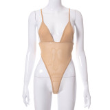 Summer new solid color mesh stitching sling V-neck halter perspective suit K21ST403